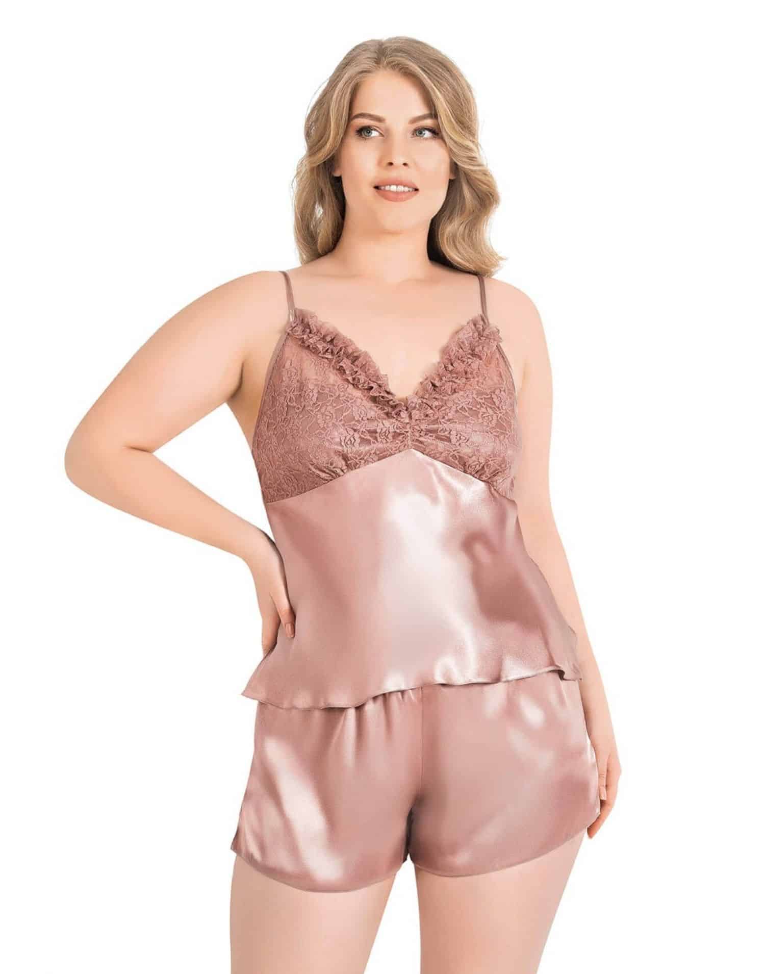 Gecelik Şortlu Takım Dantelli Vizon Büyük Beden