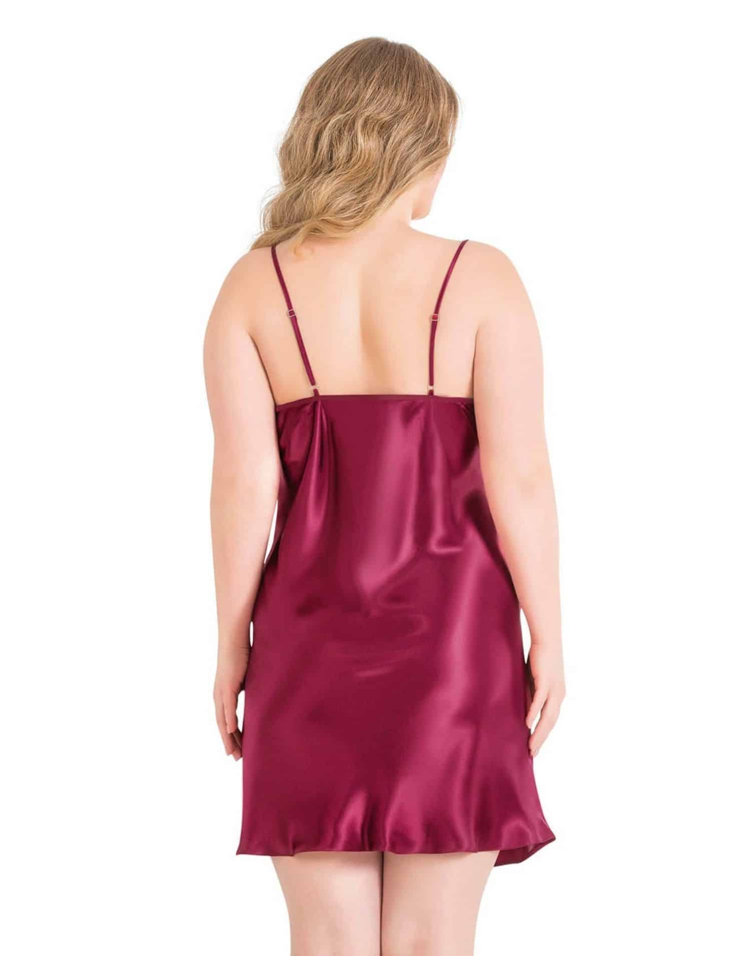 Kısa Saten Gecelik Dantelli Bordo Büyük Beden - Görsel 3