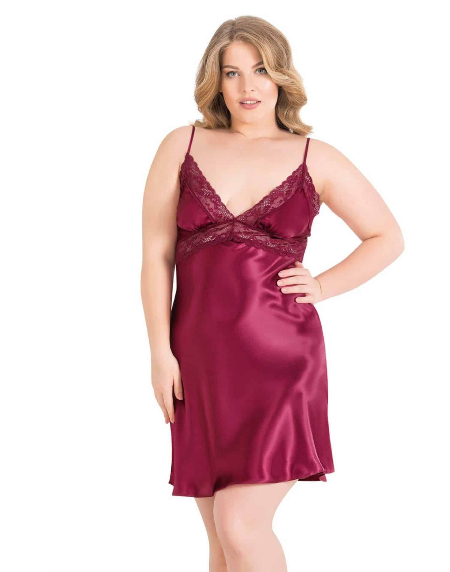 Kısa Saten Gecelik Dantelli Bordo Büyük Beden