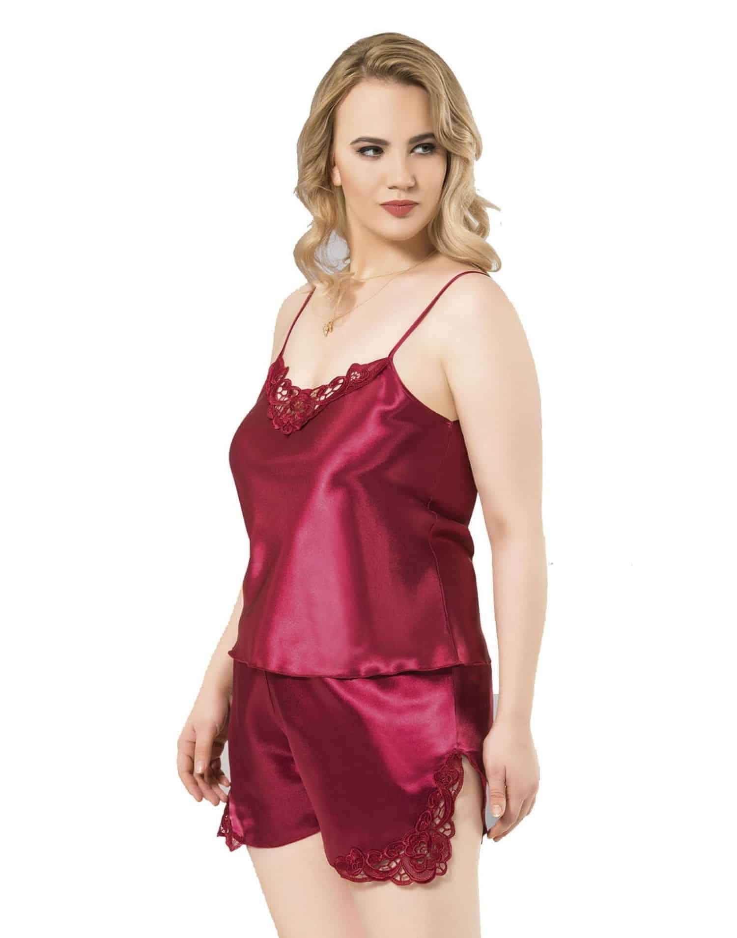 Gecelik Şortlu Takım Saten Bordo Büyük Beden