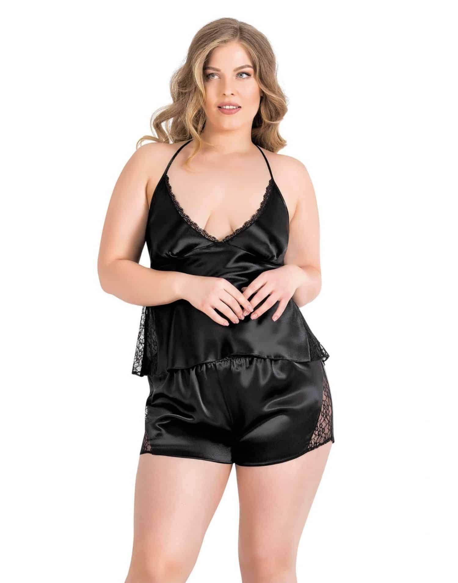 Gecelik Şortlu Takım Saten Siyah Dantelli Büyük Beden - Görsel 2