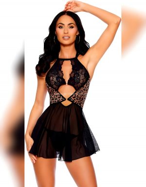 Dantelli Tüllü Etekli Leopar Desenli Ta Gecelik Takım Ayarlanabilir Askılı