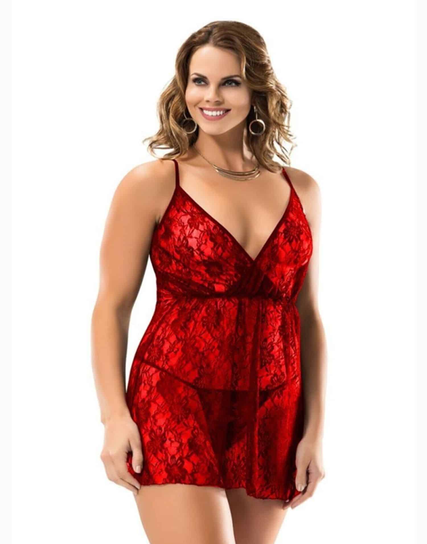 Dantelli Gecelik & String Takımı Kırmızı