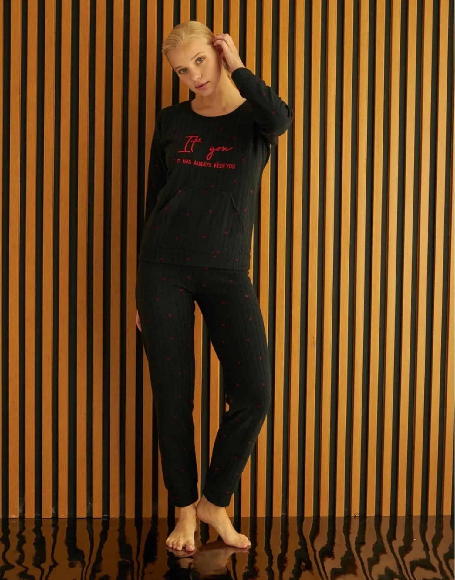 Polar Şeritli Kanguru Cepli Kışlık Pijama Takımı 3730-8 - Görsel 3