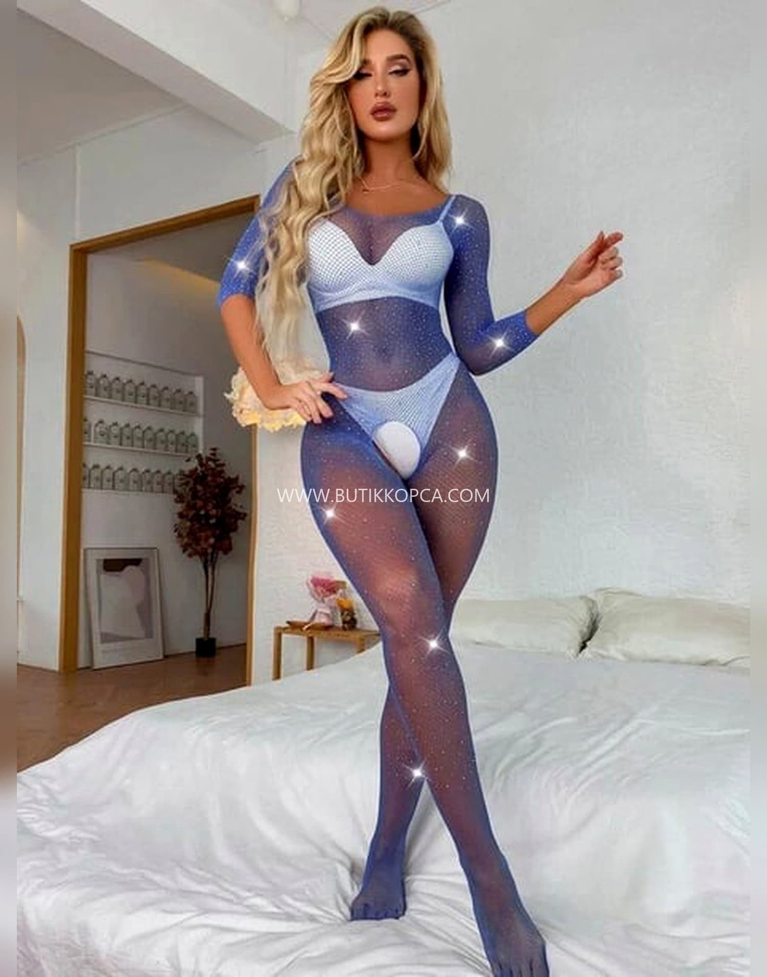 Taşlı Mavi Işıltılı Fantezi File Vücut Çorabı - Görsel 2