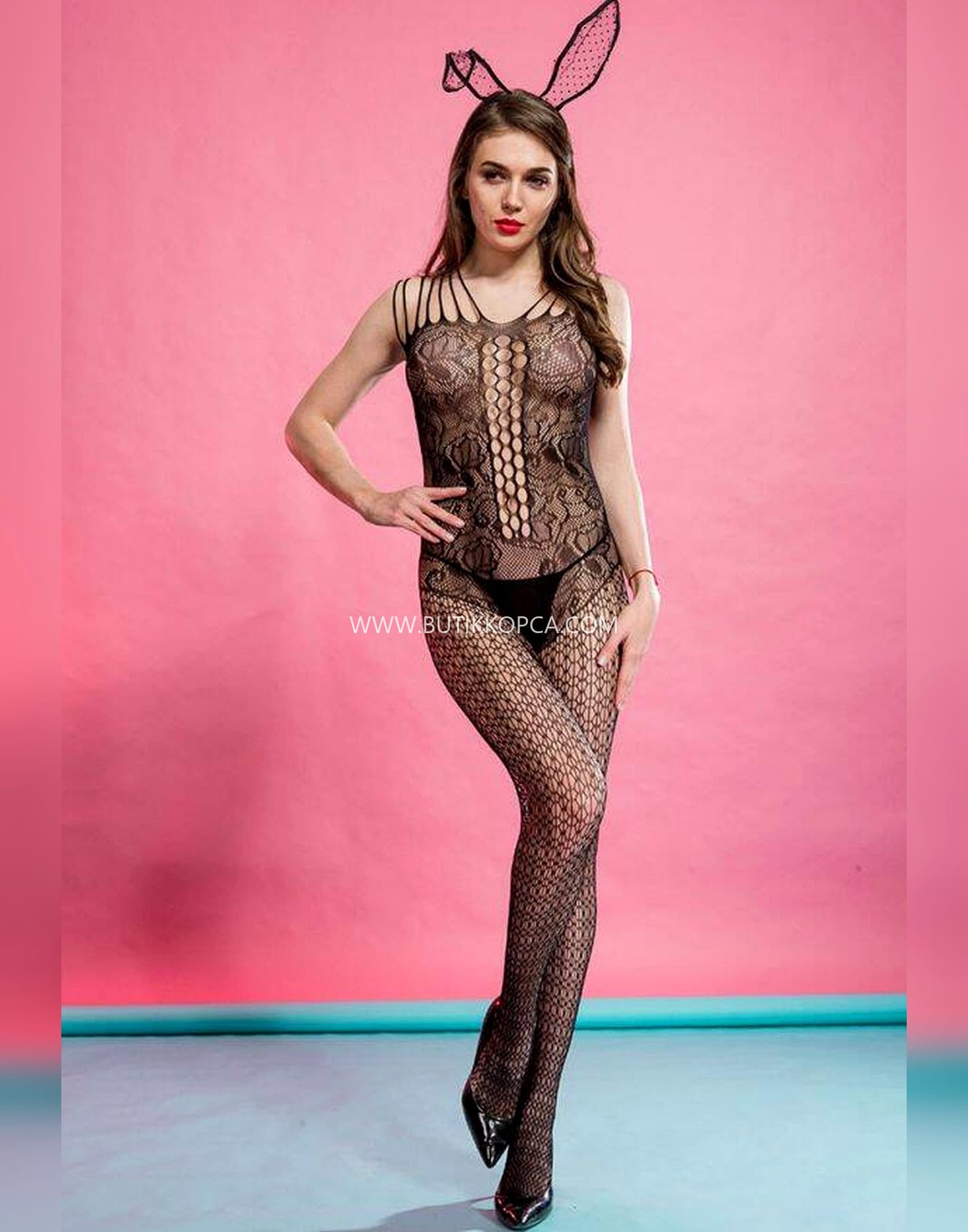 Tavşan Kulaklı Fantezi Vücut Çorabı Siyah - Görsel 5