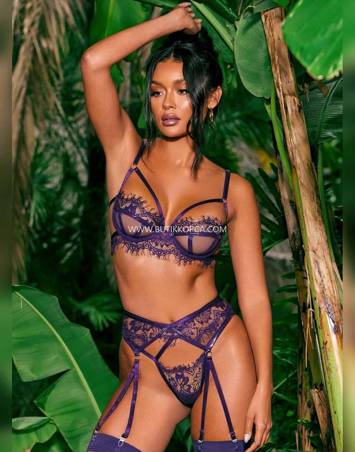 Britli Mor Jartiyer Takım Dantel Transparan - Görsel 5