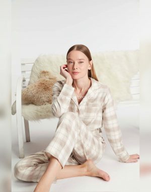 Pamuklu Uzun Kol Gömlek Pantolon Pijama Takımı Ten