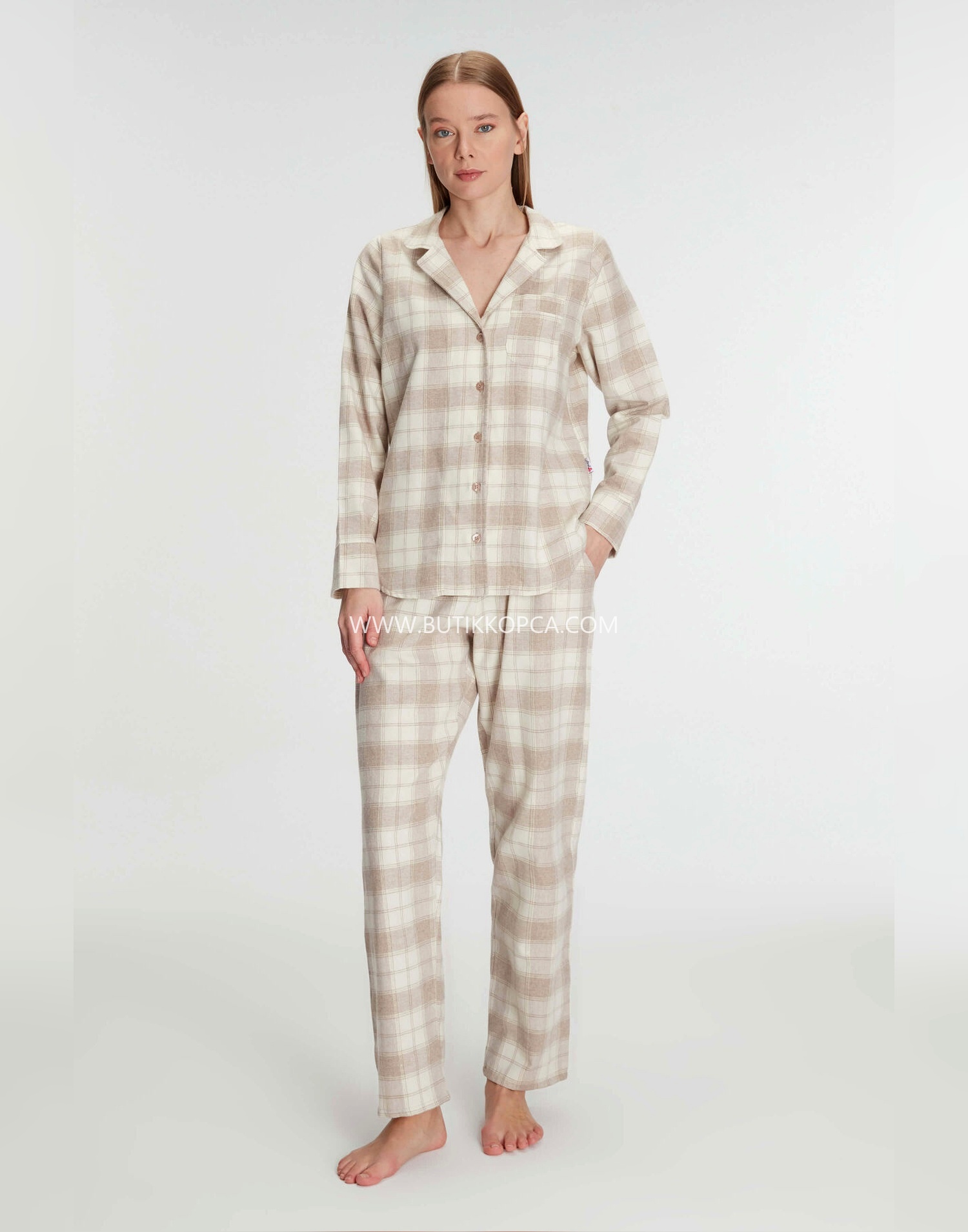 Pamuklu Uzun Kol Gömlek Pantolon Pijama Takımı Ten - Görsel 2