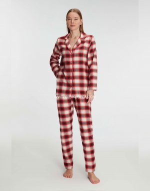 Pamuklu Uzun Kollu Kare Desenli Gömlek ve Pantolon Takım – Kışlık Pijama Takımı Kırmızı