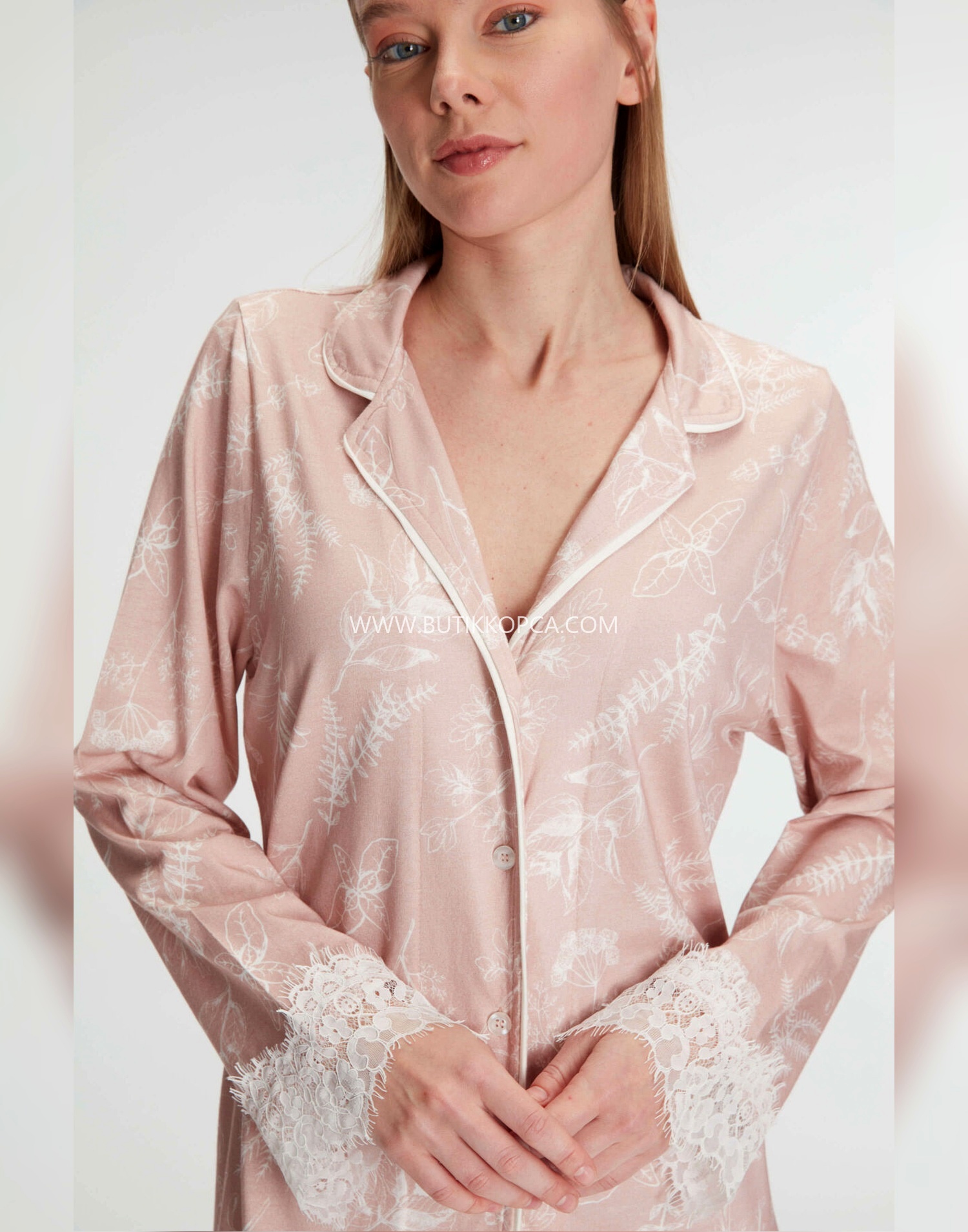 Cotton Modal Uzun Kol Gecelik Gül Kurusu - Görsel 2