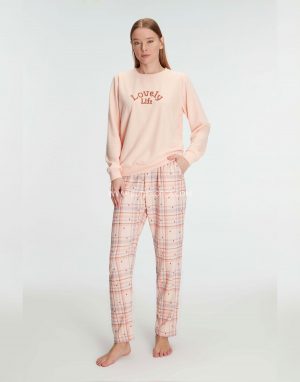 Pamuklu Kışlık Uzun Kollu Pijama Takımı Yumuşak Dokulu Ev Giyimi Somon