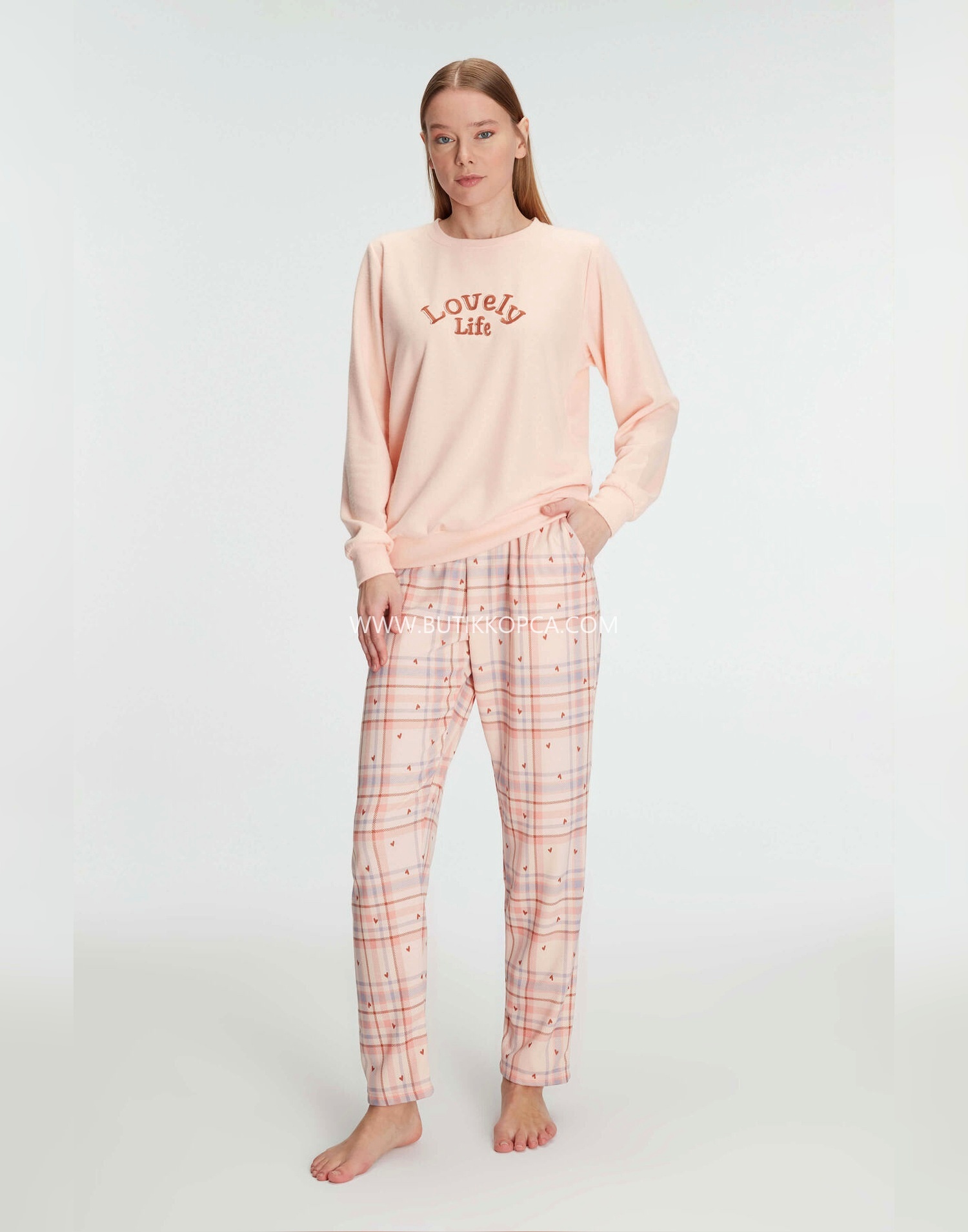 Pamuklu Kışlık Uzun Kollu Pijama Takımı Yumuşak Dokulu Ev Giyimi Somon