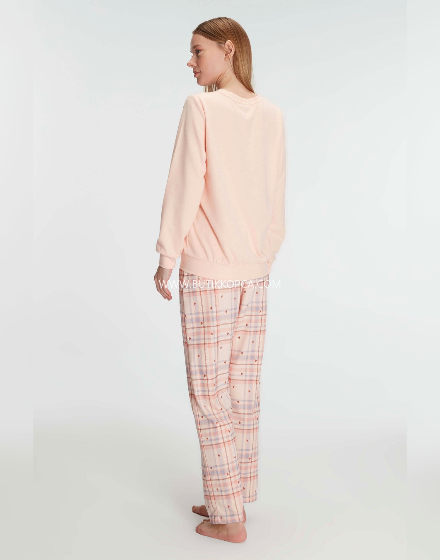 Pamuklu Kışlık Uzun Kollu Pijama Takımı Yumuşak Dokulu Ev Giyimi Somon - Görsel 2