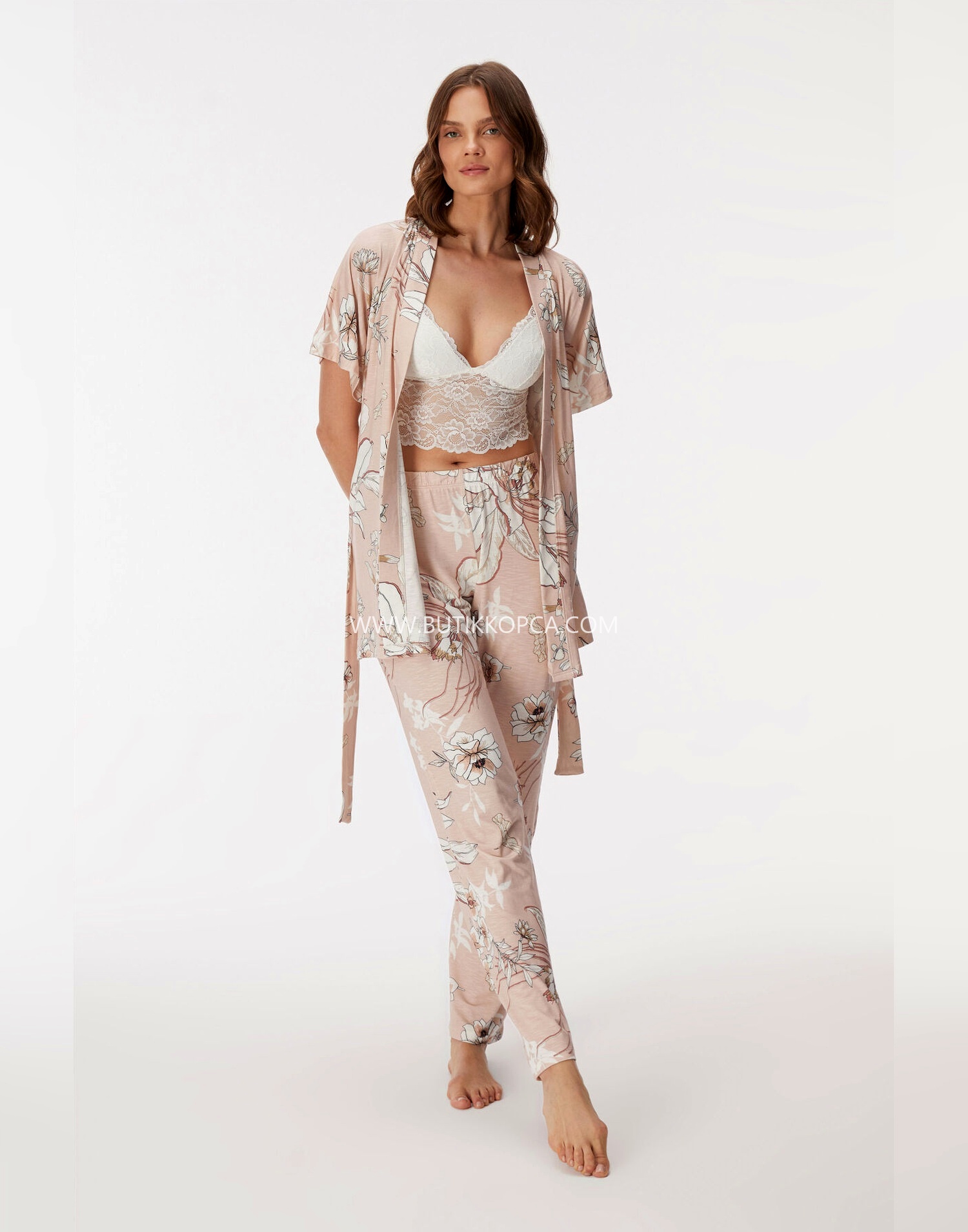 Sabahlık, Bralet ve Pantolon Takım Pembe