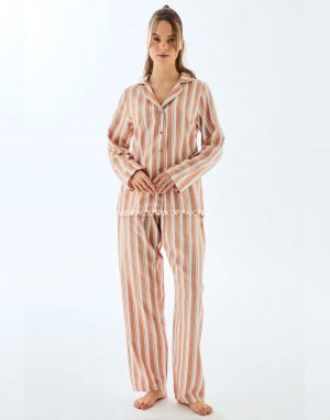 Viscose Çizgili Gömlek Pantolon Pijama Takımı Koyu Ten