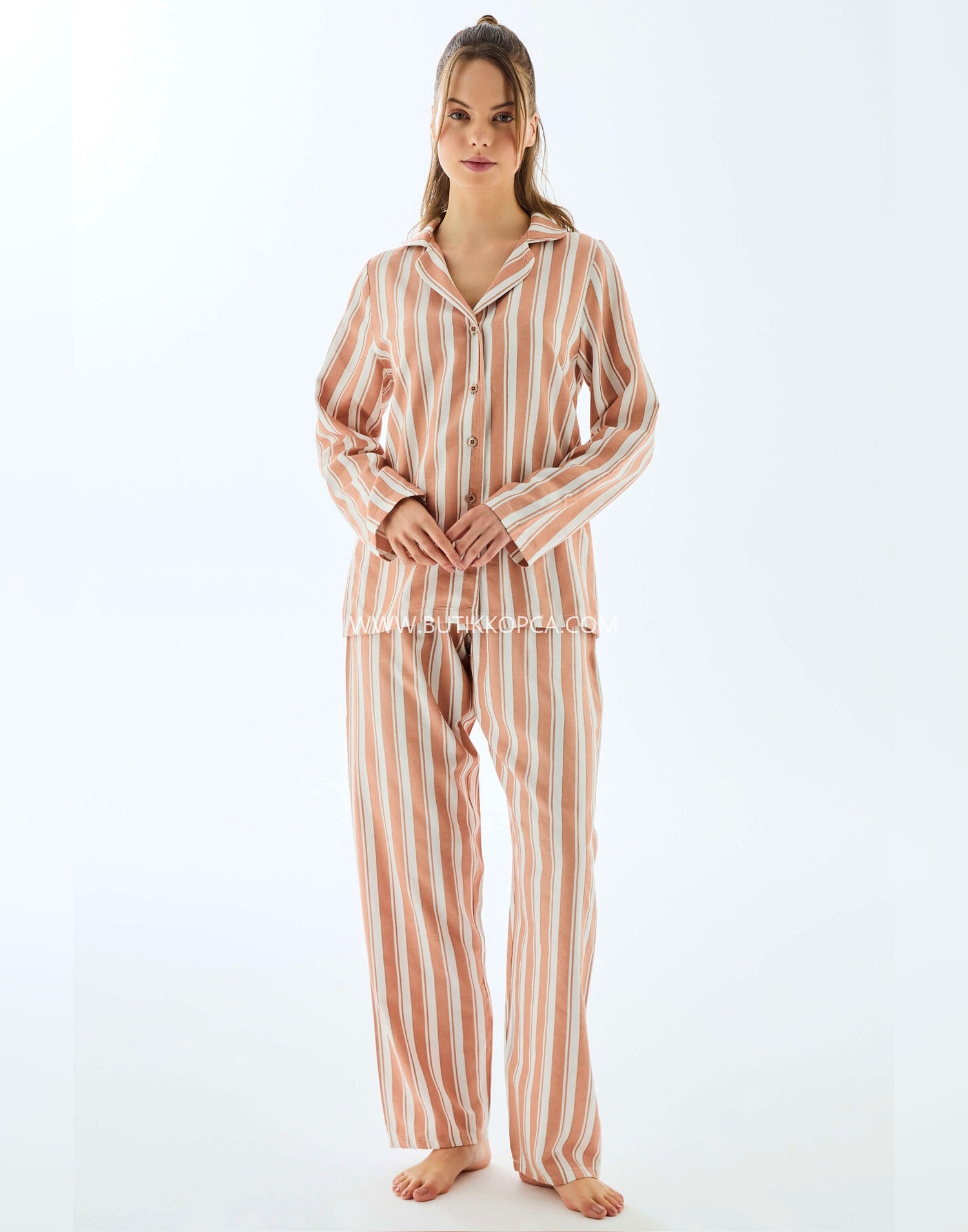 Viscose Çizgili Gömlek Pantolon Pijama Takımı Koyu Ten