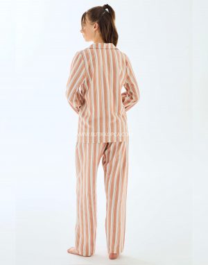 Alternative view of Viscose Çizgili Gömlek Pantolon Pijama Takımı Koyu Ten