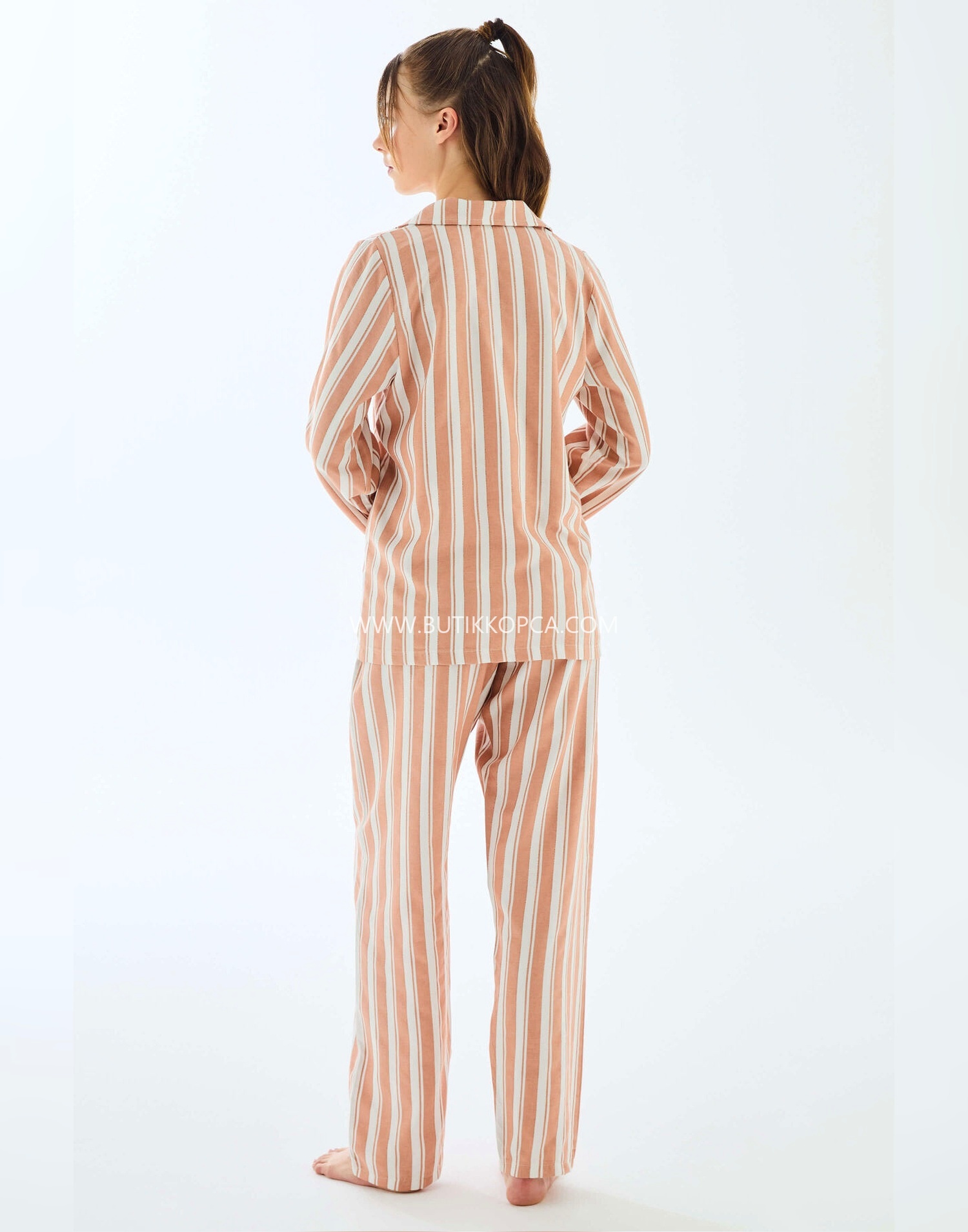Viscose Çizgili Gömlek Pantolon Pijama Takımı Koyu Ten - Görsel 2