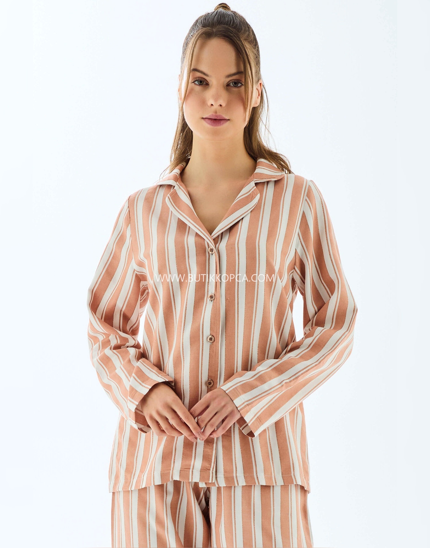 Viscose Çizgili Gömlek Pantolon Pijama Takımı Koyu Ten - Görsel 3