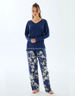 Uzun Kol T-shirt ve Pantolon Pijama Takımı Lacivert