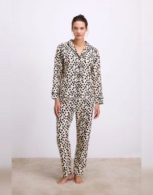 Uzun Kollu Gömlek Yaka Leopar Desenli %100 Pamuk Pijama Takımı Krem