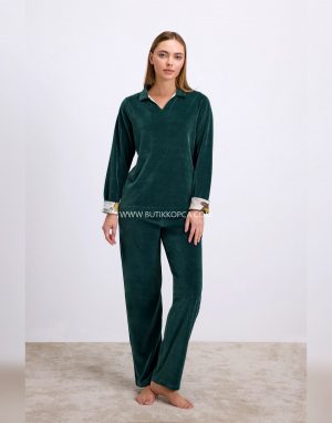 Uzun Kollu Kadife Sweatshirt ve Pantolon Takım Yumuşak ve Şık Ev Giyimi Koyu Yeşil