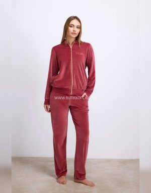 Kadife Dokulu Fermuarlı Uzun Kollu Sweatshirt ve Pantolon Takım Gül Kurusu