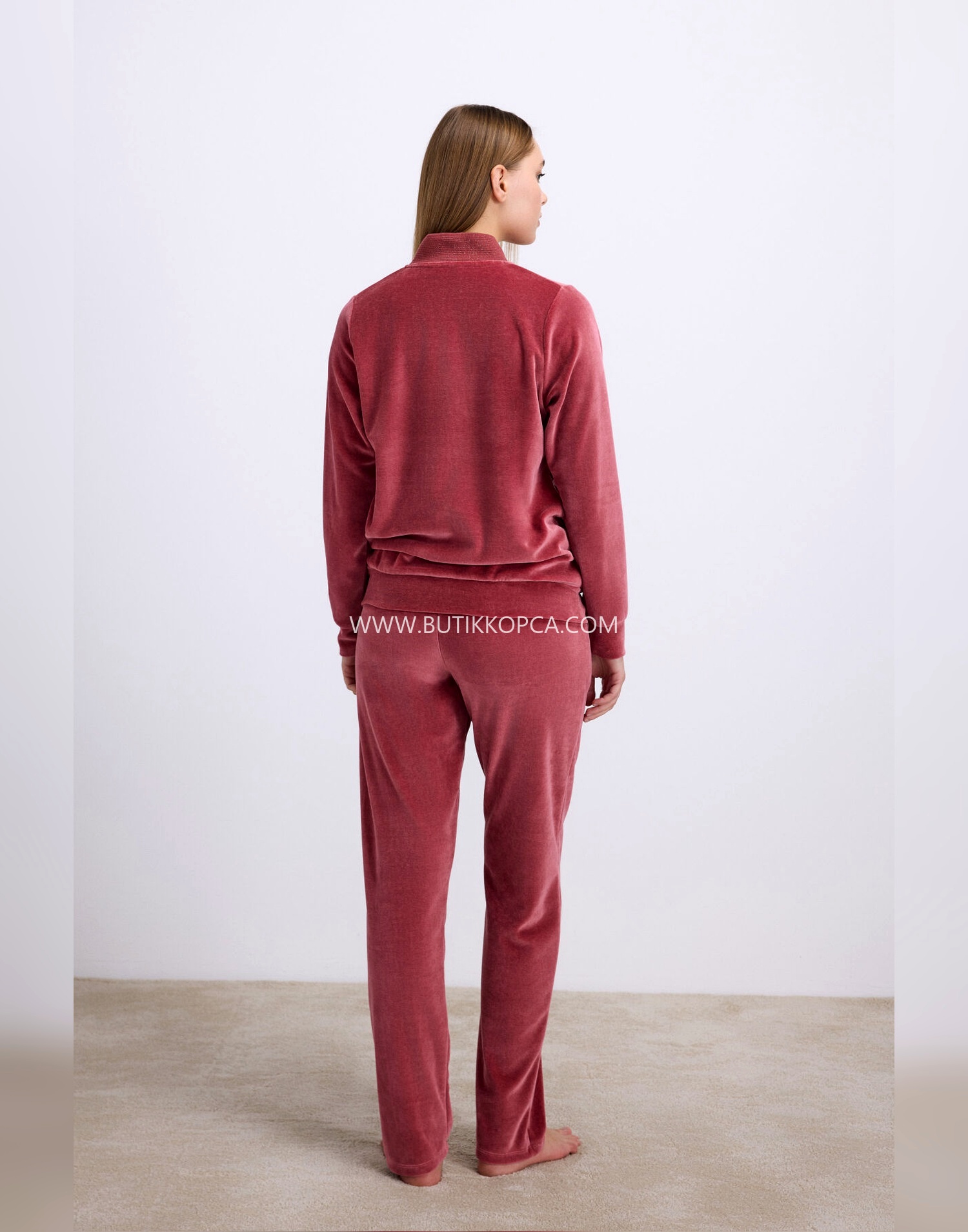 Kadife Dokulu Fermuarlı Uzun Kollu Sweatshirt ve Pantolon Takım Gül Kurusu - Görsel 2
