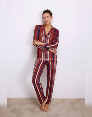 Uzun Kollu Düğmeli Çizgili Pijama Takımı Bordo