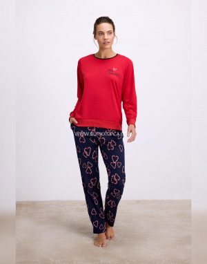 Uzun Kol Sweatshirt ve Kalpli Pantolon Pijama Takımı Şık ve Rahat Ev Giyimi Kırmızı