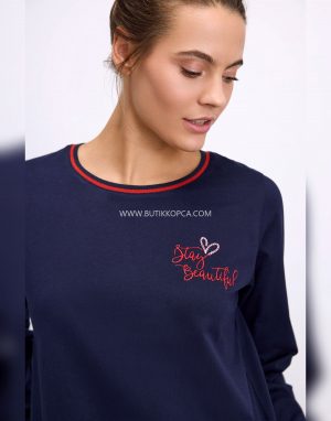 Alternative view of Uzun Kol Sweatshirt ve Kalpli Pantolon Pijama Takımı Şık ve Rahat Ev Giyimi Lacivert