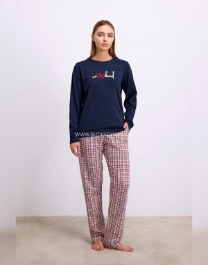 Uzun Kol Sweatshirt ve Ekose Pantolon Pijama Takımı Rahat ve Şık Ev Giyimi Lacivert