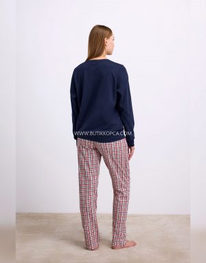 Alternative view of Uzun Kol Sweatshirt ve Ekose Pantolon Pijama Takımı Rahat ve Şık Ev Giyimi Lacivert