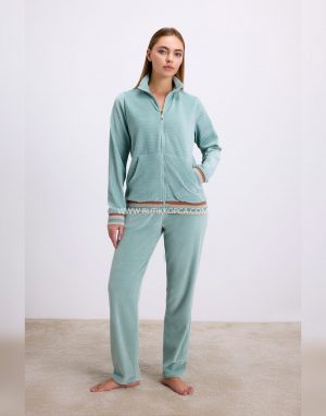 Kadife Dokulu Uzun Kollu Sweatshirt ve Pantolon Takımı Yeşil