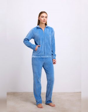 Uzun Kollu Fermuarlı Kadife Sweatshirt ve Pantolon Takım Mavi
