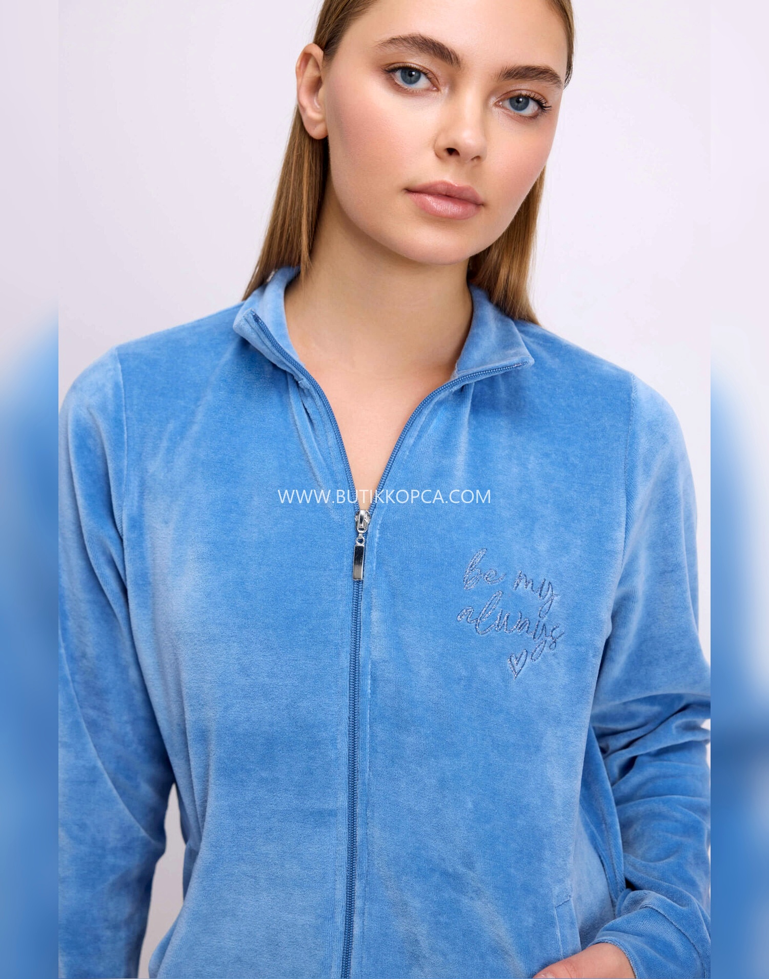 Uzun Kollu Fermuarlı Kadife Sweatshirt ve Pantolon Takım Mavi - Görsel 2