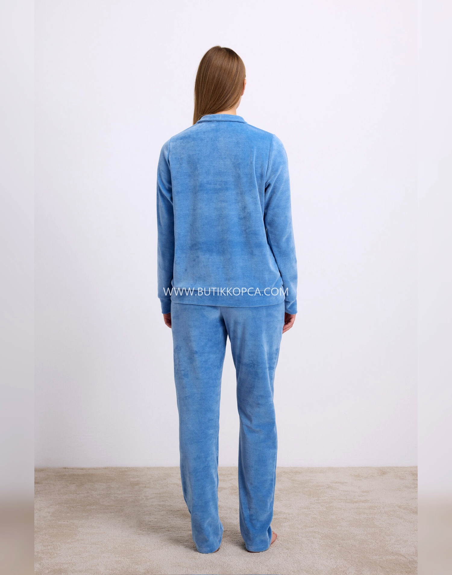 Uzun Kollu Fermuarlı Kadife Sweatshirt ve Pantolon Takım Mavi - Görsel 3