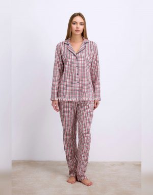 Pamuklu Uzun Kol Düğmeli Gömlek ve Ekose Pantolon Pijama Takımı Zamansız Şıklık Kırmızı