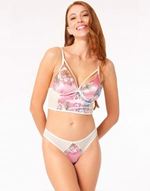 Kadife Balensiz Desteksiz Dolgusuz Yaka Detaylı Çiçek Baskılı Bralet Sütyen ve Slip Takım Gül Kurusu