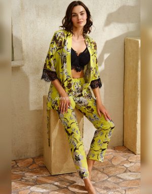 Dokuma Viskon Çiçek Baskılı Dantelli Sabahlık Balenli Desteksiz Dolgusuz Büstiyer Sütyen ve Pantolon Pijama 3'lü Takım Yeşil