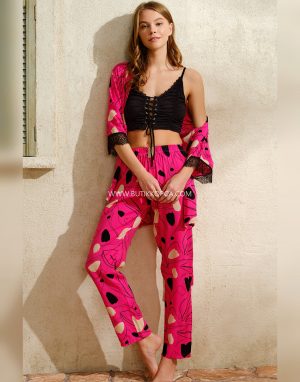 İp Askılı V Yaka Çiçek Desenli Yazlık Uzun İp Detaylı Pijama Altı Sabahlık Fuşya