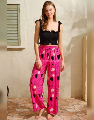 Kalın Askılı Viskon Çiçek Desenli Sırt Aksesuarlı Yazlık Dantel Detaylı Pijama Altı Fuşya