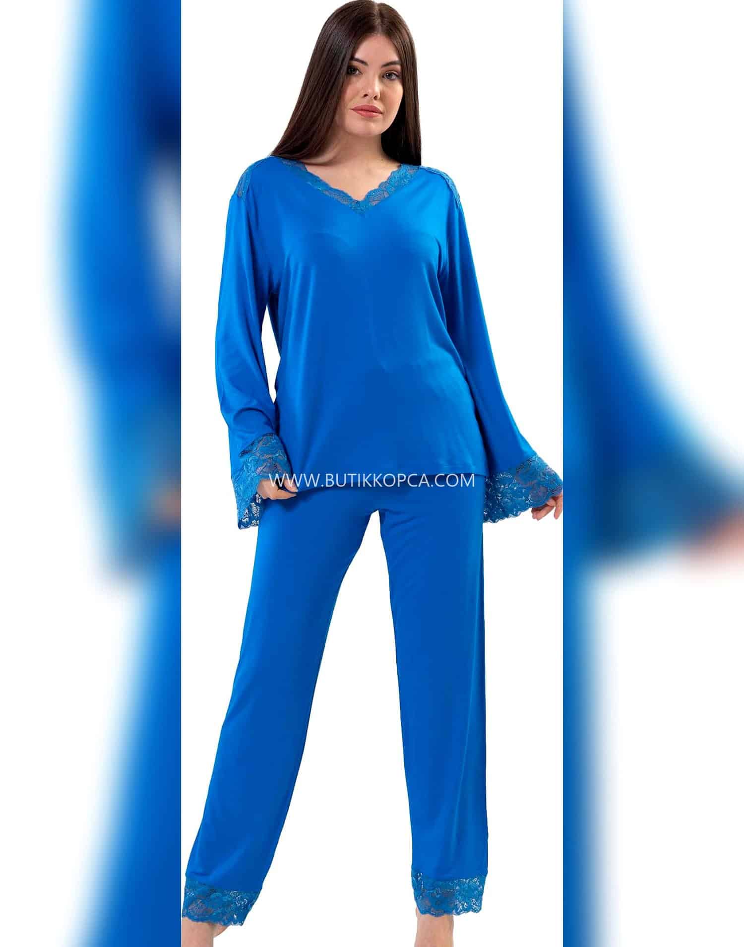 V Yaka Dantelli Uzun Kol Pijama Takım Saks