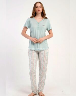 P.Viscon Damla Yaka Kısa Kol Pijama Takım Açık Yeşil