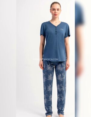 P.Viscon Damla Yaka Kısa Kol Pijama Takım Koyu Gri