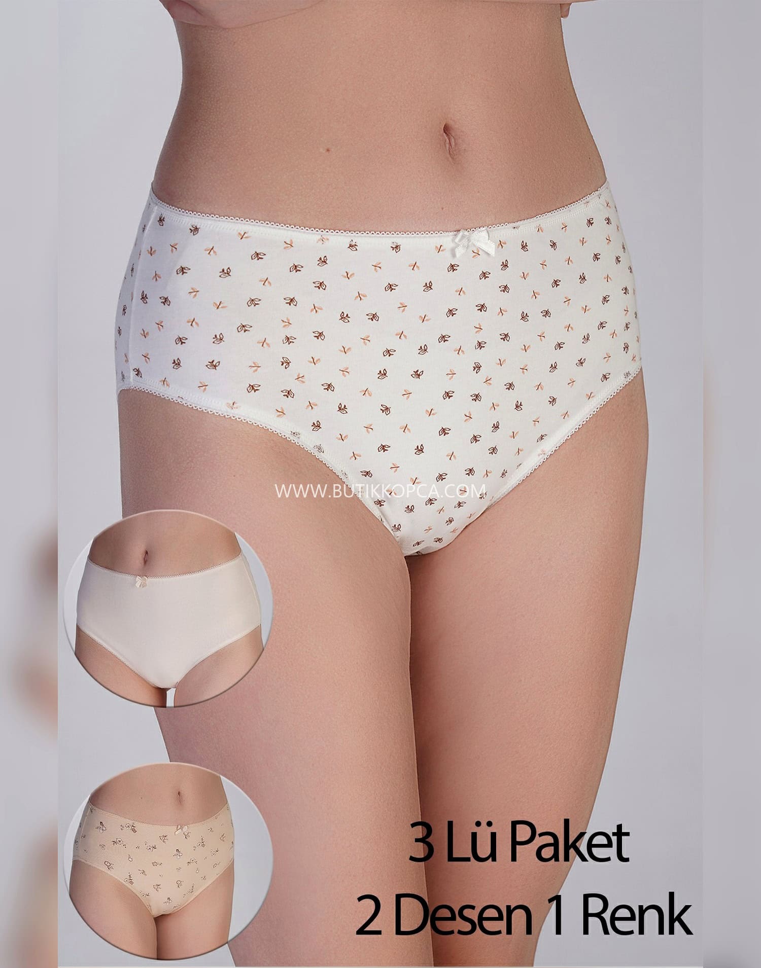 Yarım Bel Bikini Penye 3 lü Külot 2 Desenli 1 Düz