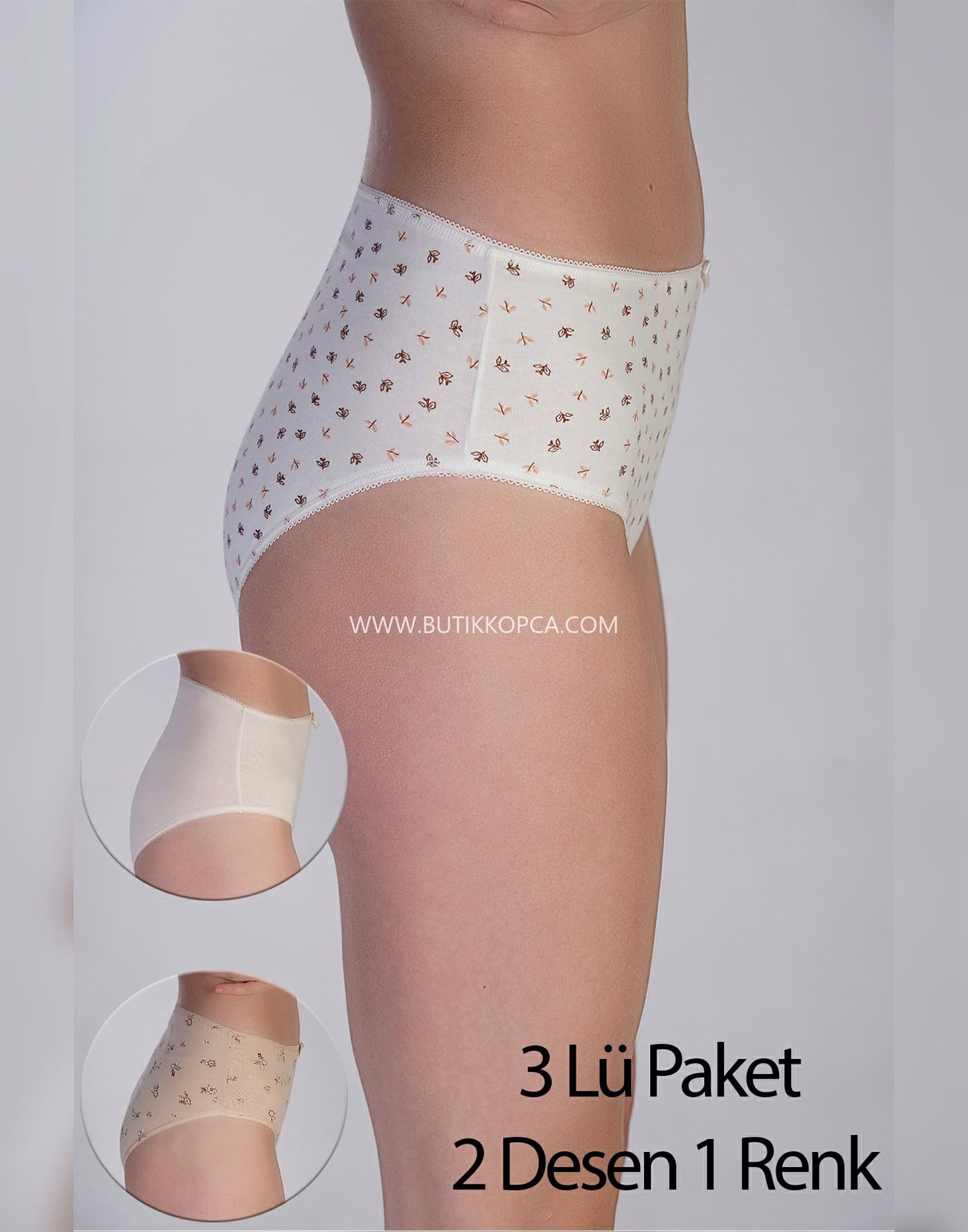 Yarım Bel Bikini Penye 3 lü Külot 2 Desenli 1 Düz - Görsel 2