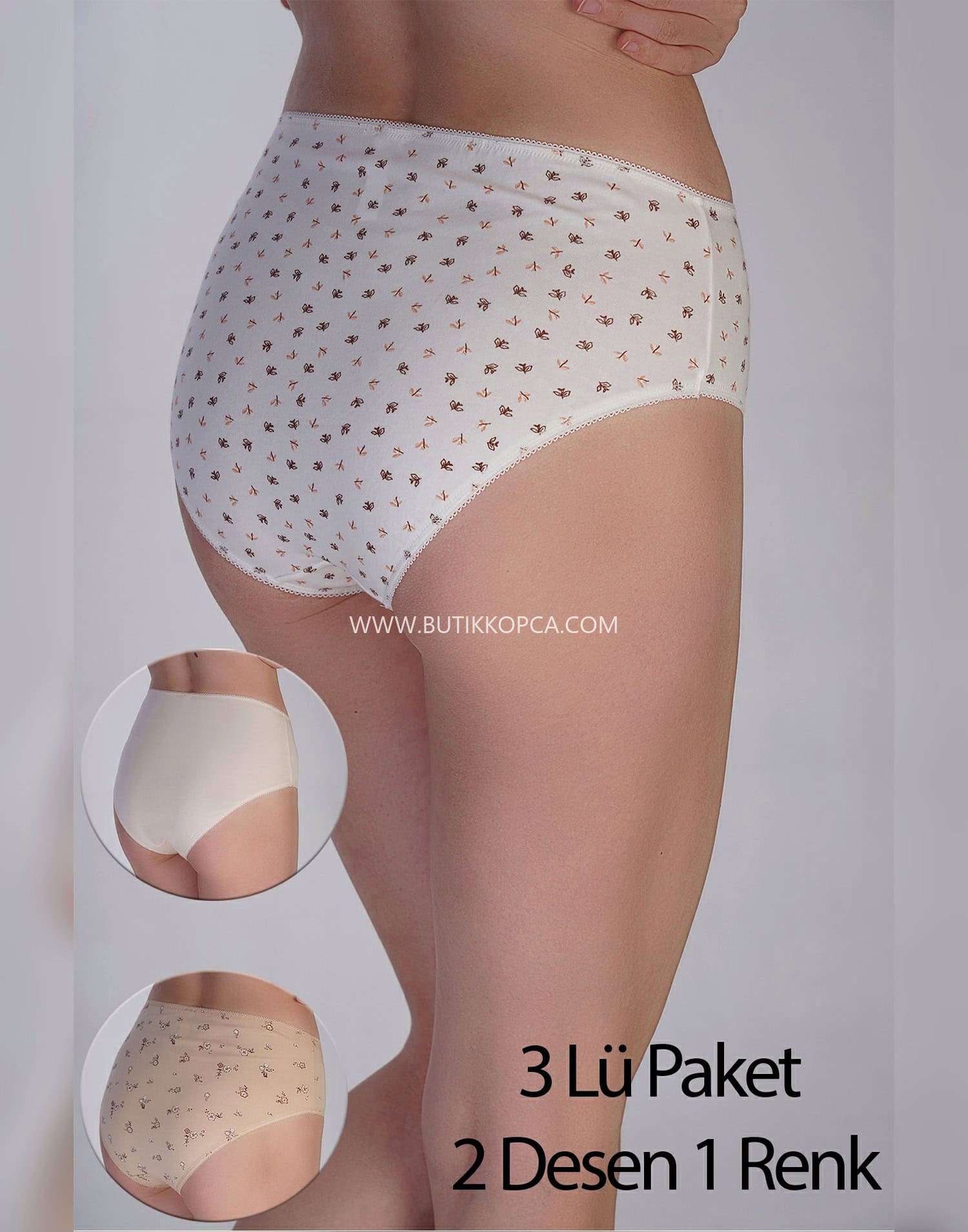 Yarım Bel Bikini Penye 3 lü Külot 2 Desenli 1 Düz - Görsel 3