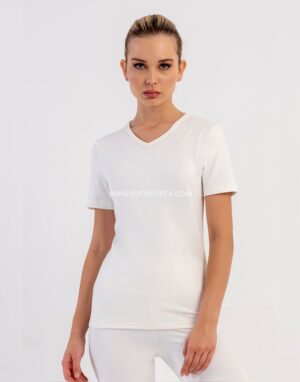 Comfort V Yaka Kısa Kol T Shirt Ekru